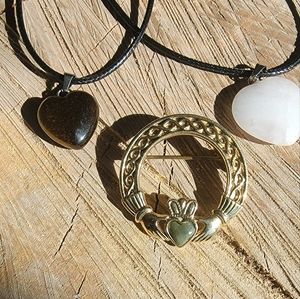 Solder signed Claddagh/ Irish Celtic Love knot brooch and 2 heart pendant